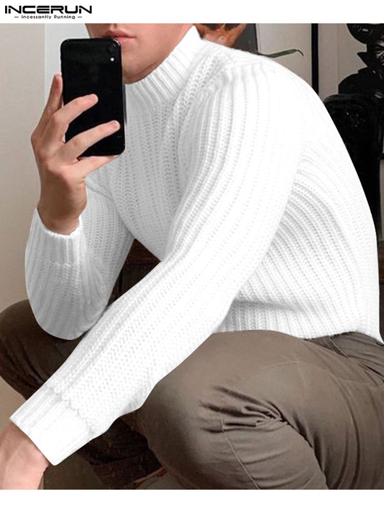 Fashion Well Fitting Tops INCERUN Men Autumn Winter Knitted Semi-high Collar Sweater Stylish Male Sleeved Solid Pullovers S-5XL